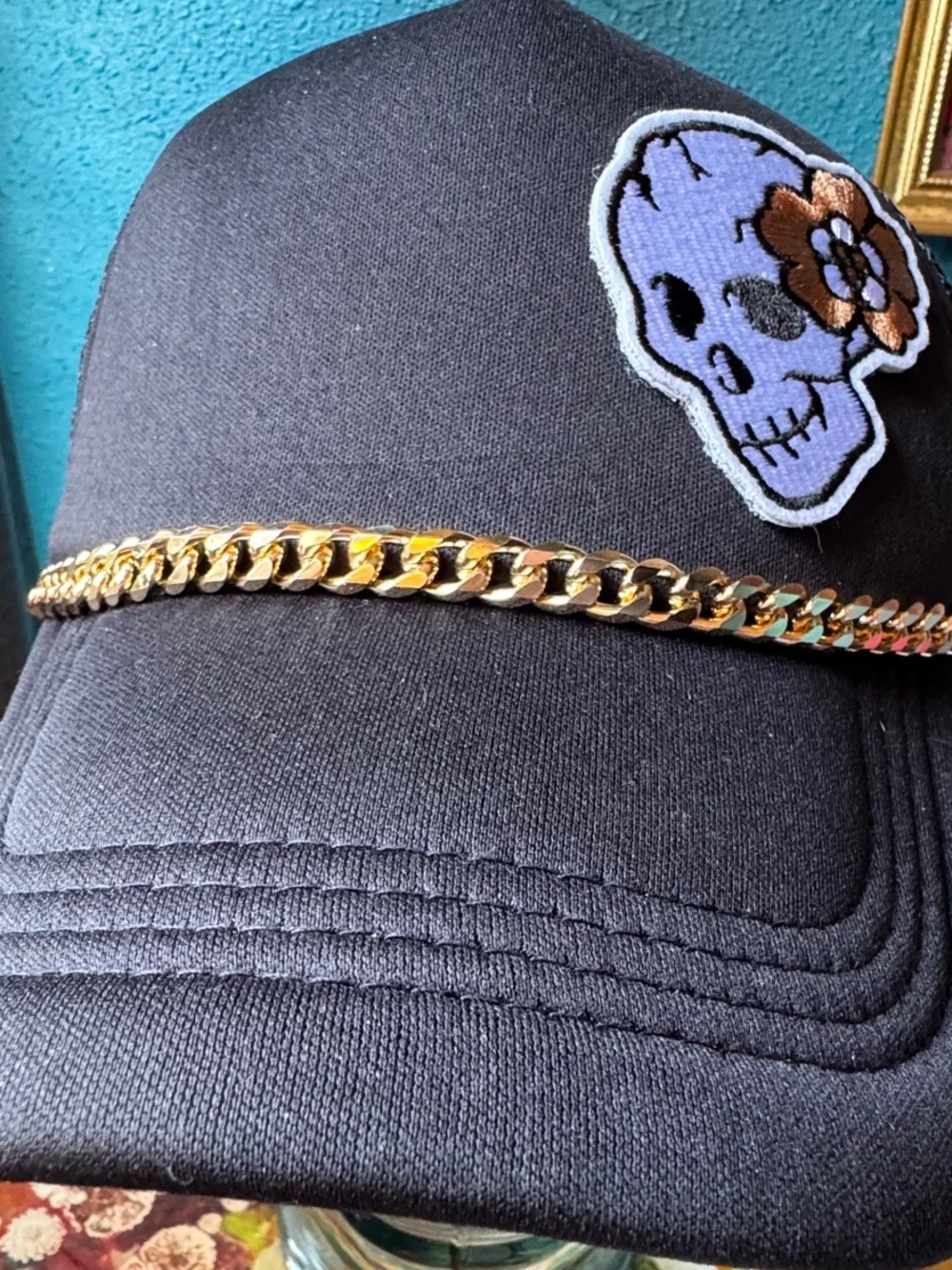 Black Trucker Cap with Skull Patch & Gold Chain